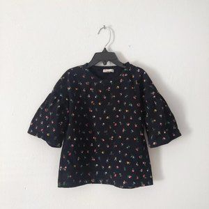 Crewcuts || Black & Floral Print Crewneck Tee With Bell Sleeves